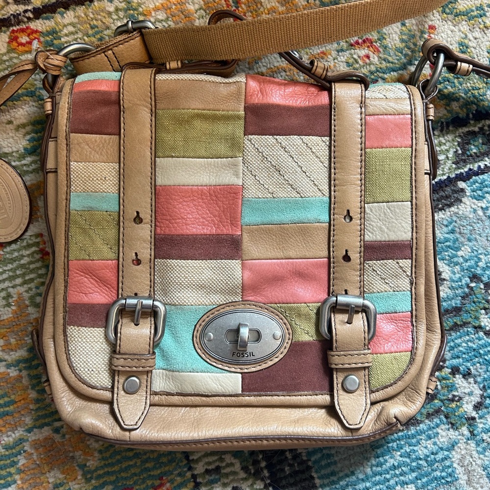 Fossil Leather crossbody bag with patchwork & buckle close